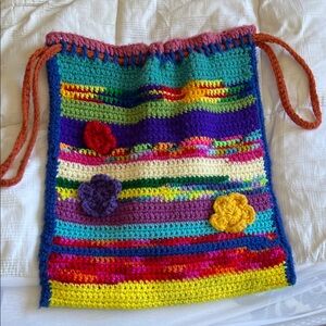 Handmade Vintage Colorful Crochet Drawstring Bag